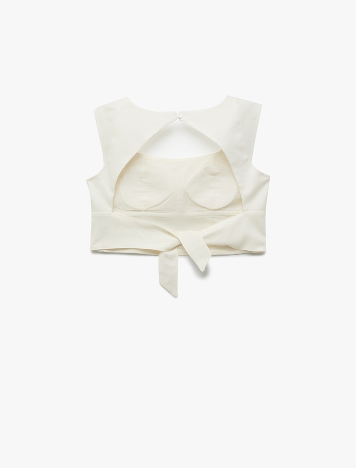  Kırık Beyaz Kare Yaka Kap Kol Keten Crop Top