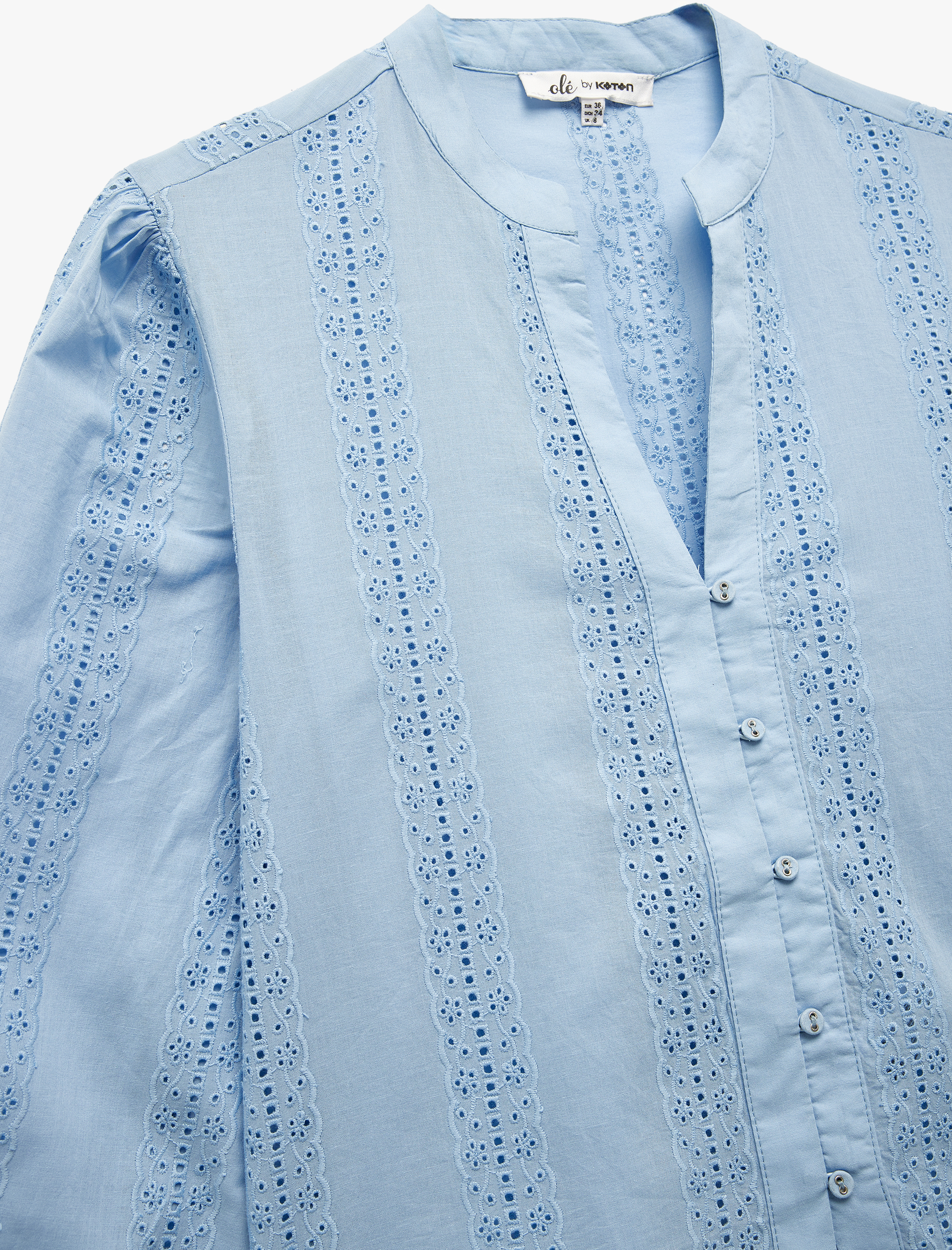   Brodeli Uzun Kollu Pamuklu Düğmeli Hakim Yaka Gömlek