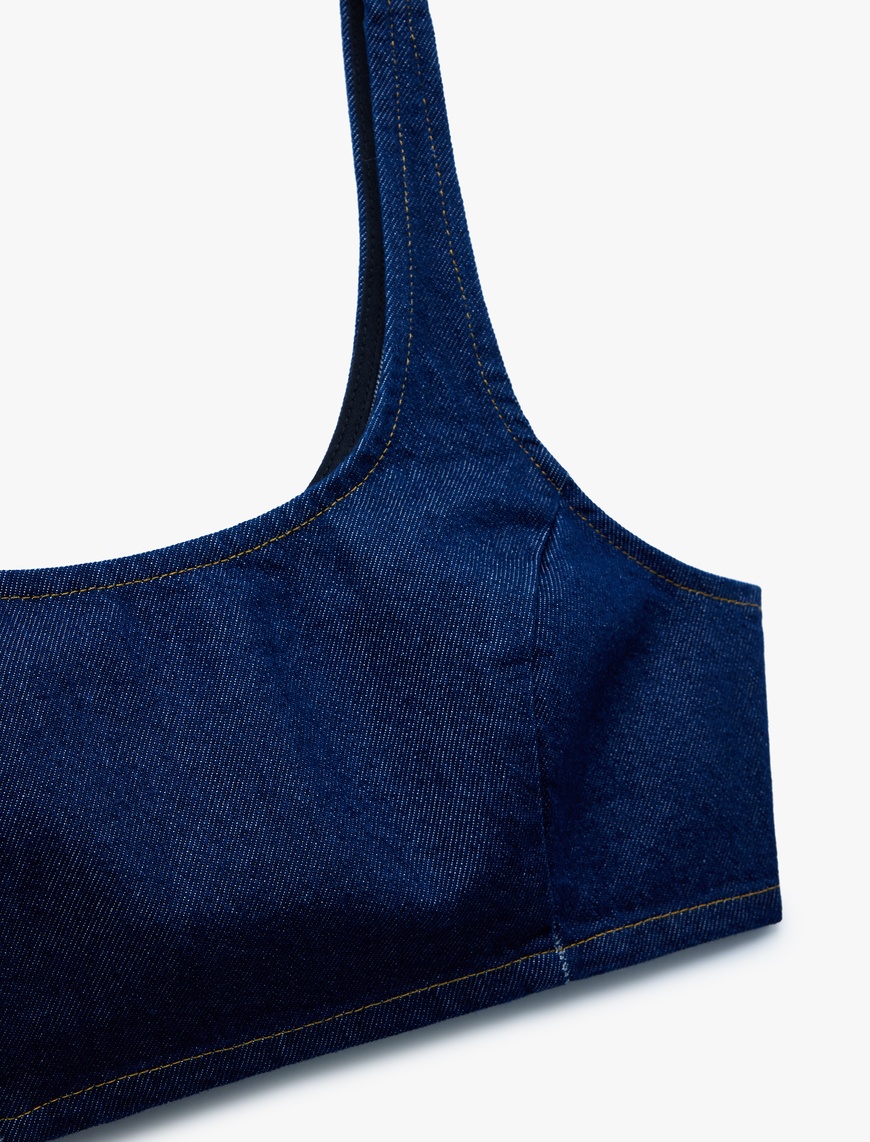  Pamuklu Dar Kesim Fermuarlı U Yaka Kolsuz Denim Crop Üst