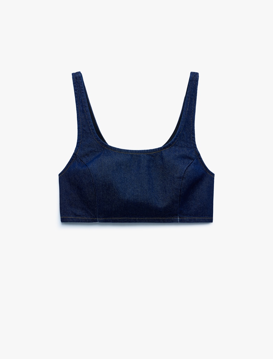   Pamuklu Dar Kesim Fermuarlı U Yaka Kolsuz Denim Crop Üst