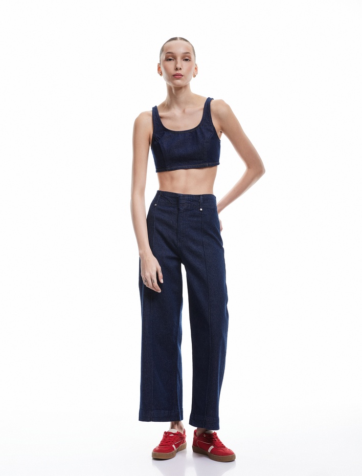  Pamuklu Dar Kesim Fermuarlı U Yaka Kolsuz Denim Crop Üst