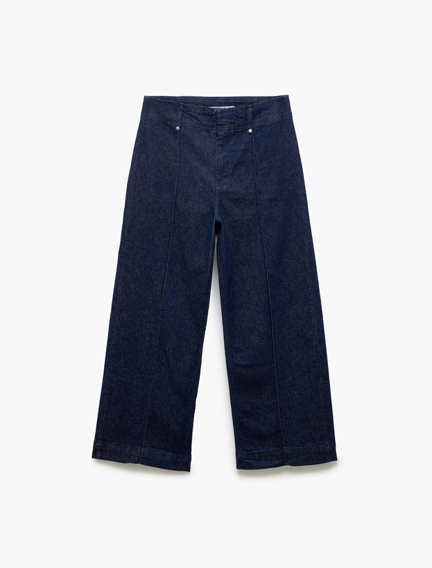 Yüksek Bel Geniş Paça Dikiş Detaylı Jean Pantolon Düğmeli - Culotte Jeans_3