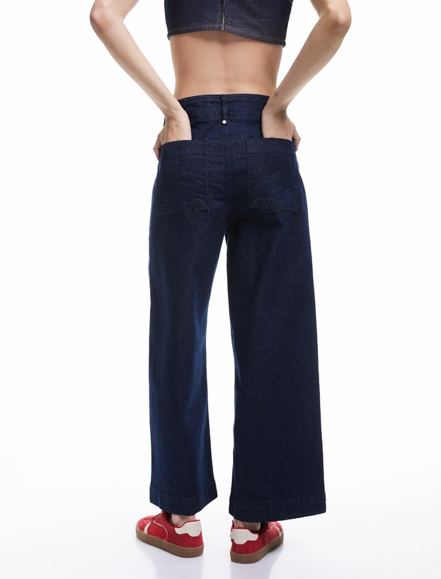 Yüksek Bel Geniş Paça Dikiş Detaylı Jean Pantolon Düğmeli - Culotte Jeans_2