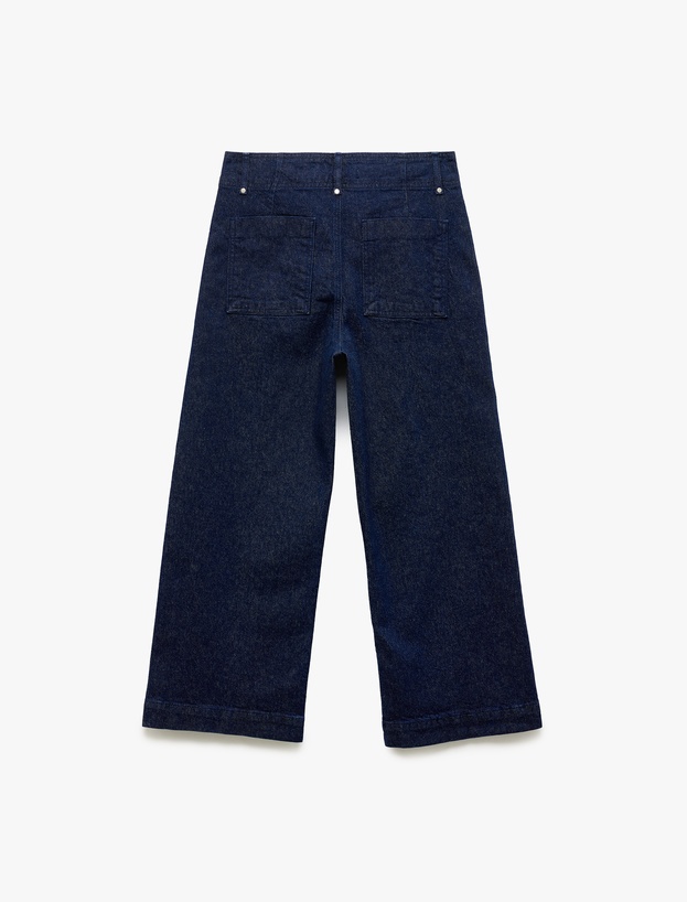 Yüksek Bel Geniş Paça Dikiş Detaylı Jean Pantolon Düğmeli - Culotte Jeans_4