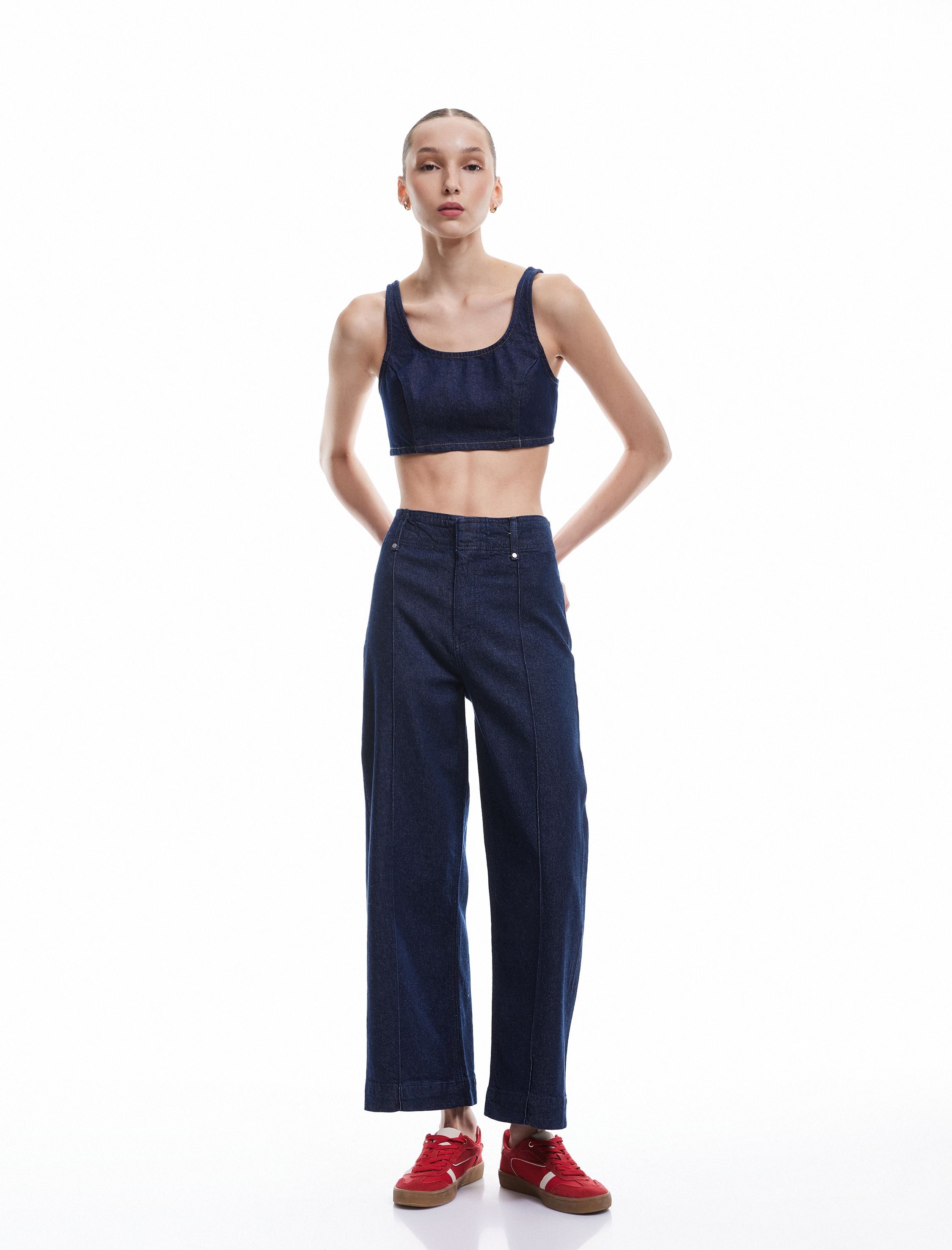 Koton Kadın Yüksek Bel Geniş Paça Nervürlü Düğmeli Jean Pantolon - Culotte Jeans -1