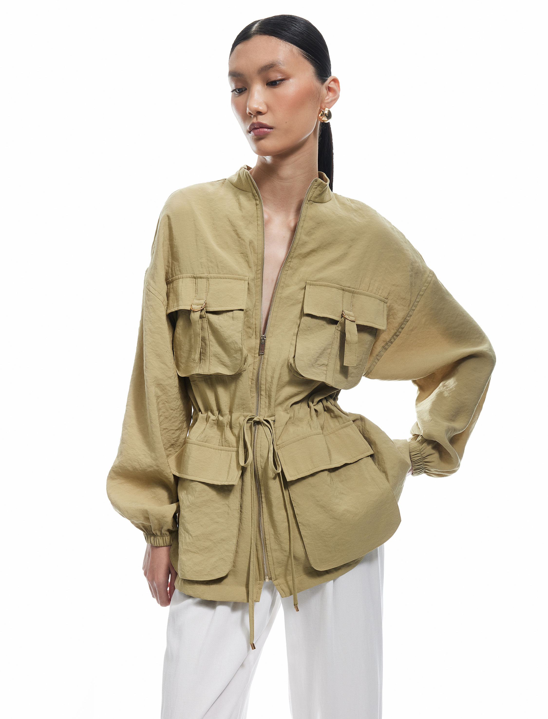   Modal Kumaş Belden Bağlama Detaylı Fermuarlı Cepli Uzun Ceket