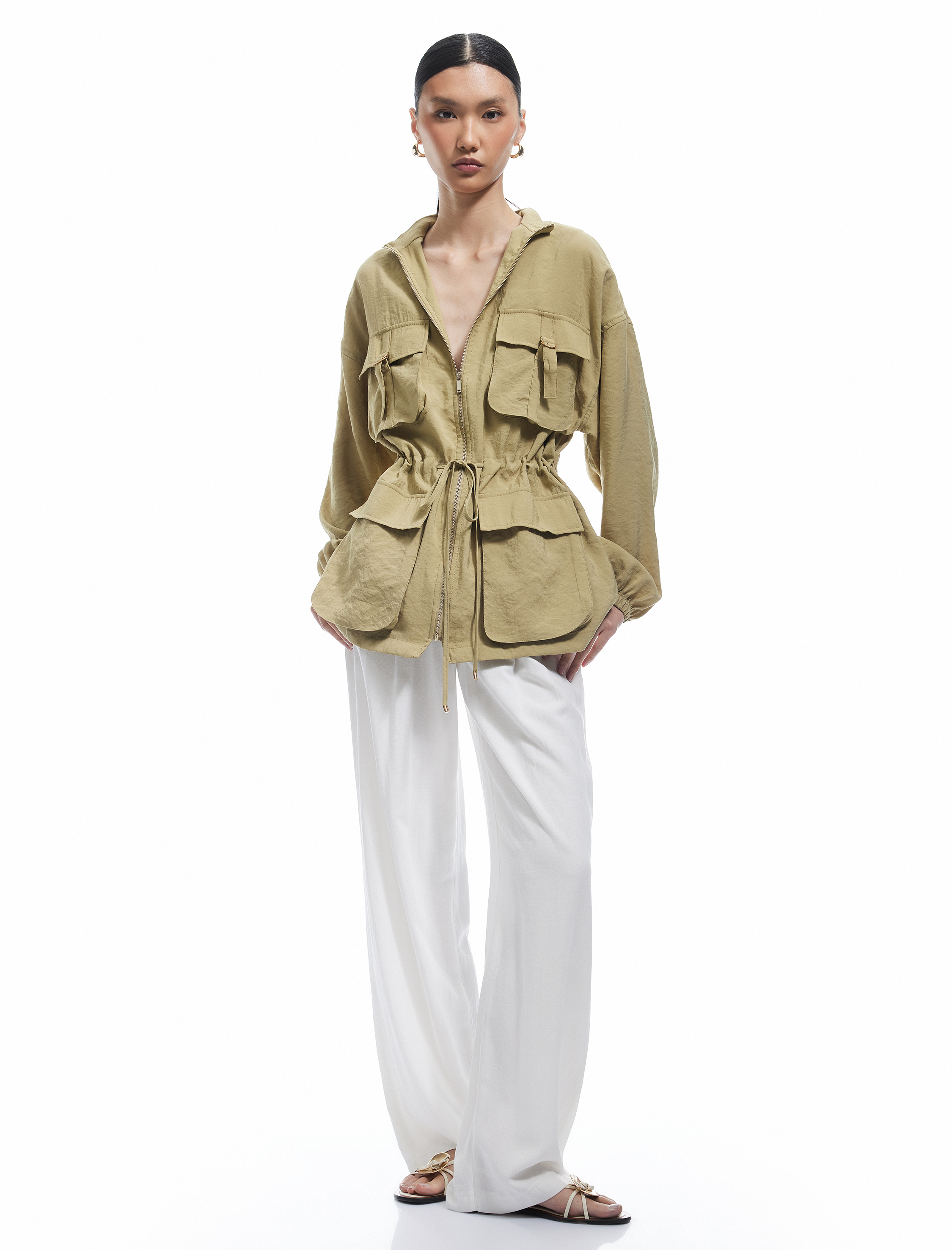   Modal Kumaş Belden Bağlama Detaylı Fermuarlı Cepli Uzun Ceket