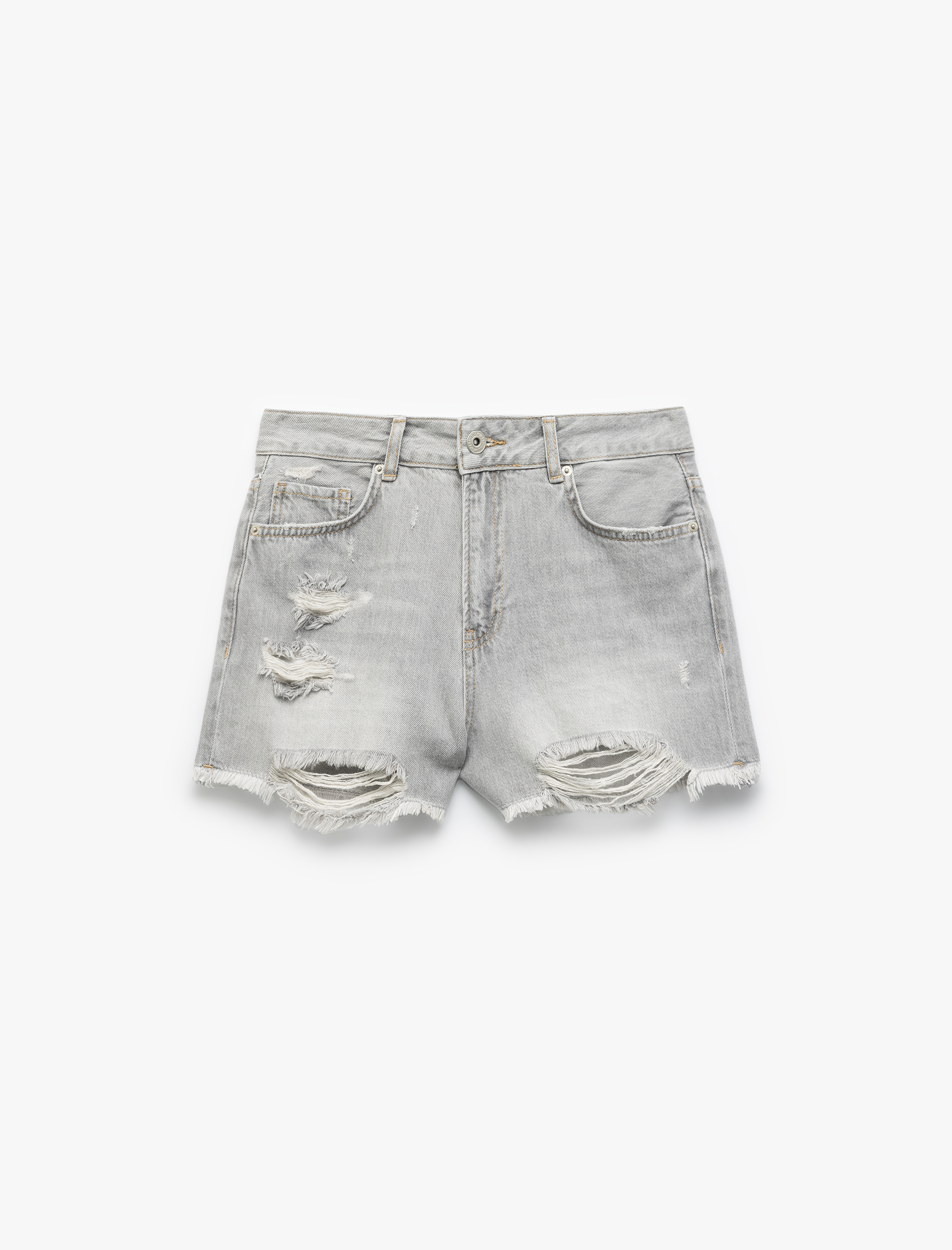   Yıpratma Detaylı Düğmeli Cepli Mini Jean Şort