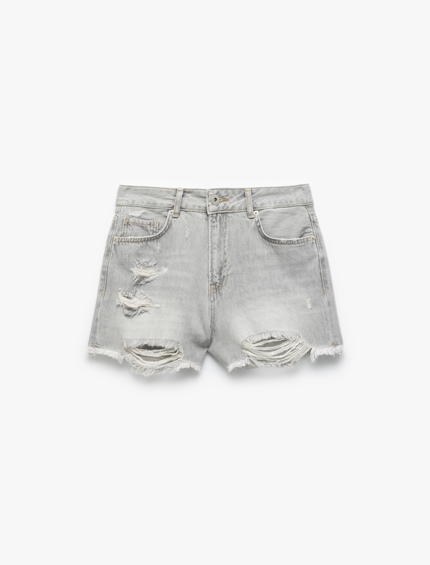 Yıpratma Detaylı Düğmeli Cepli Mini Jean Şort_3