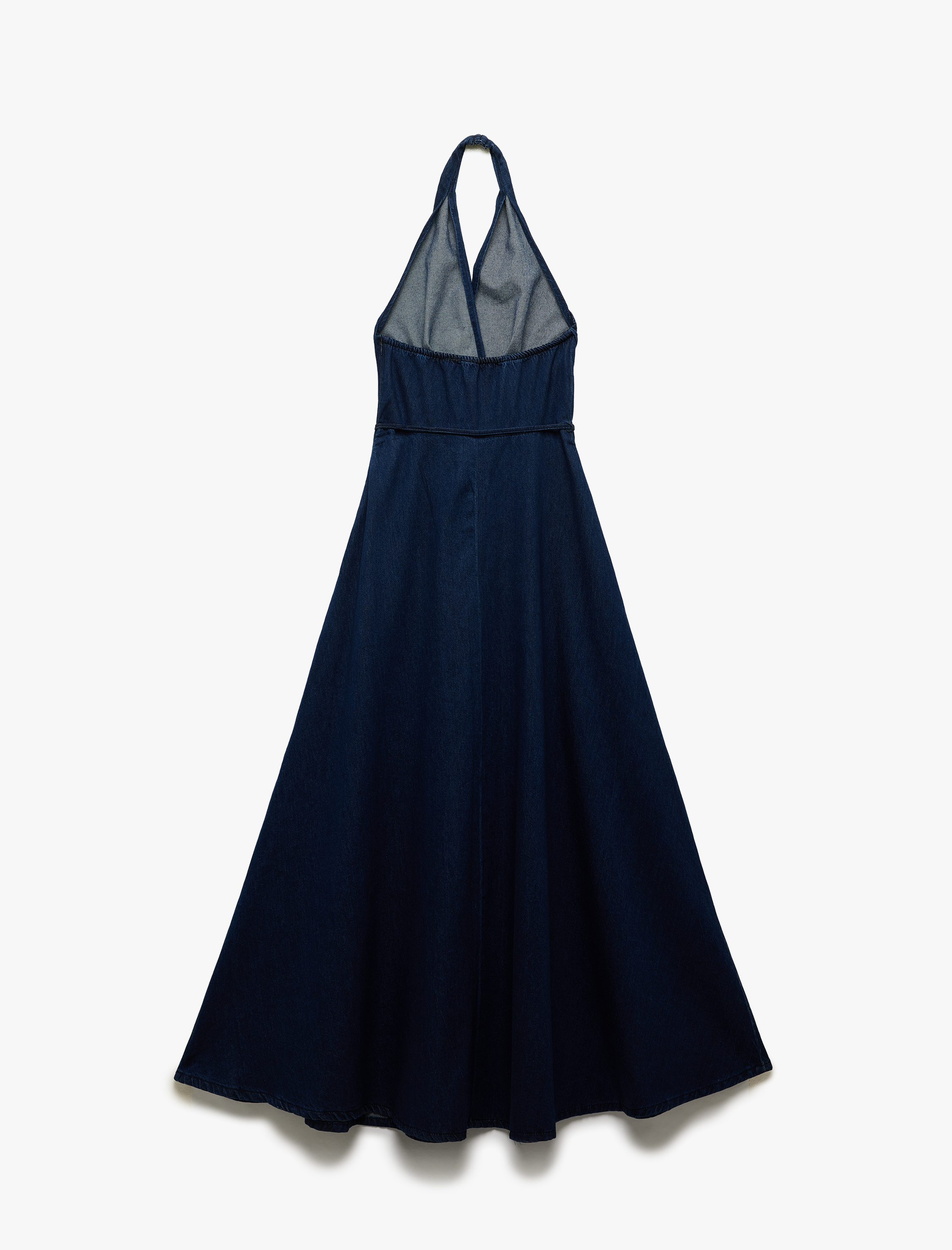   Kruvaze Yaka Kemer Detaylı Sırtı Açık Volanlı Uzun Denim Elbise