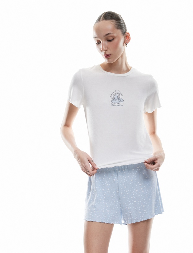 Bisiklet Yaka Kısa Kollu Yıldız Desenli Viskon Şortlu Pijama Takımı_1