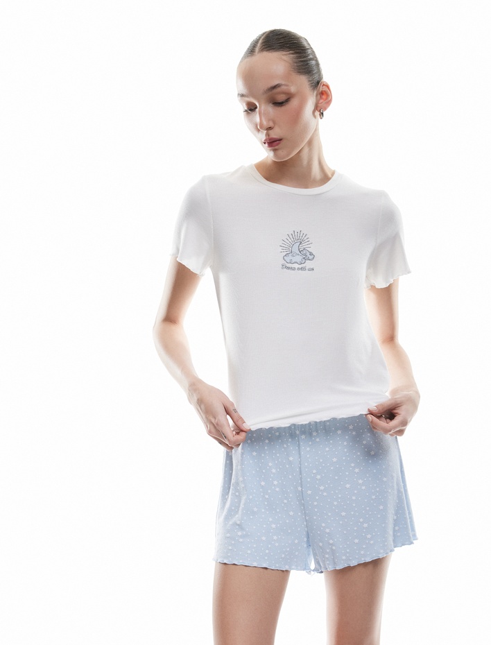  Bisiklet Yaka Kısa Kollu Yıldız Desenli Viskon Şortlu Pijama Takımı