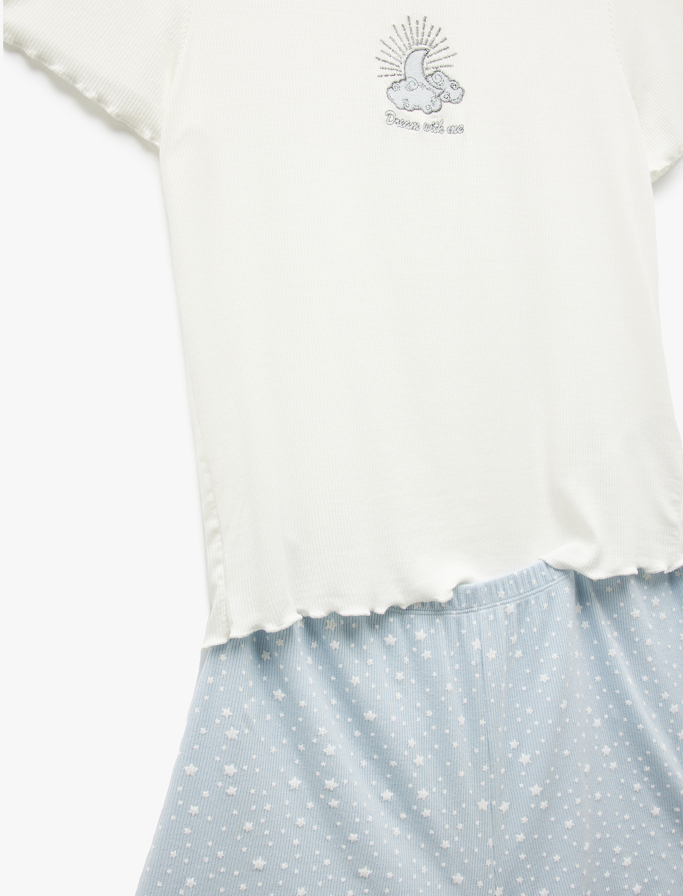   Bisiklet Yaka Kısa Kollu Yıldız Desenli Viskon Şortlu Pijama Takımı