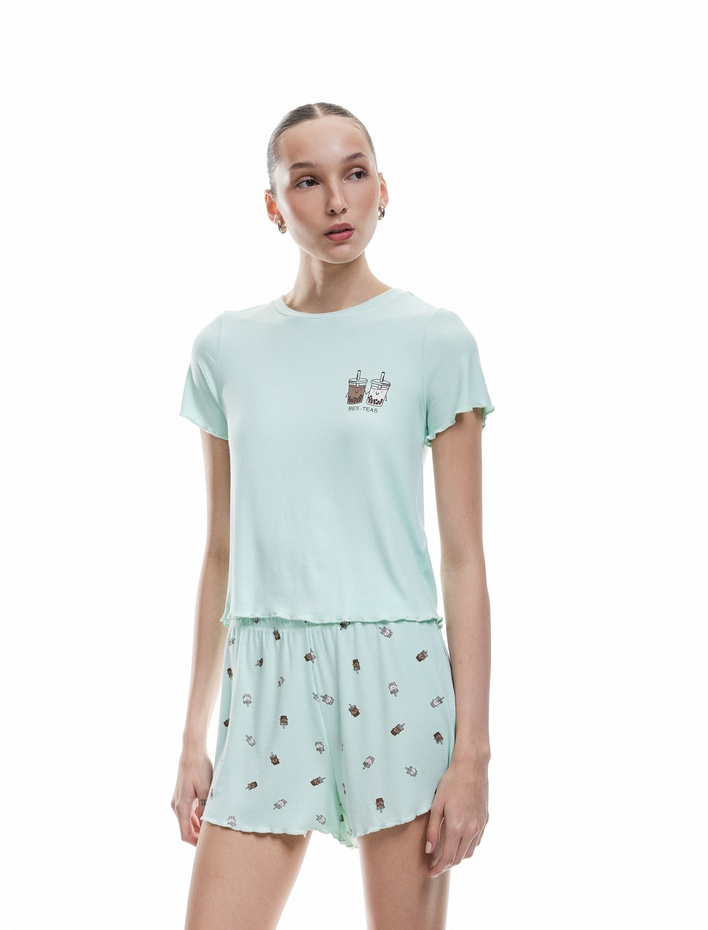  Kaşkorse Viskon Kumaş Kısa Kollu Baskılı Şortlu Pijama Takımı