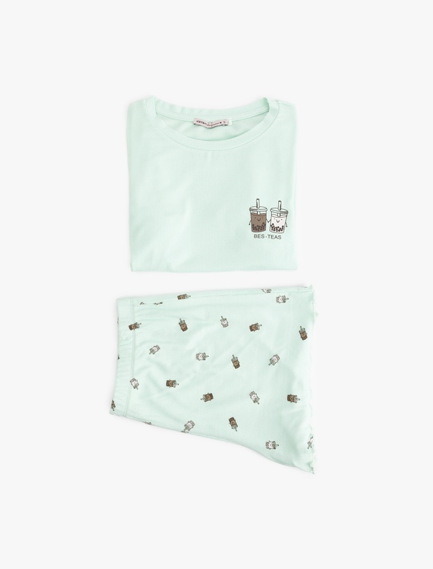 Kaşkorse Viskon Kumaş Kısa Kollu Baskılı Şortlu Pijama Takımı_2
