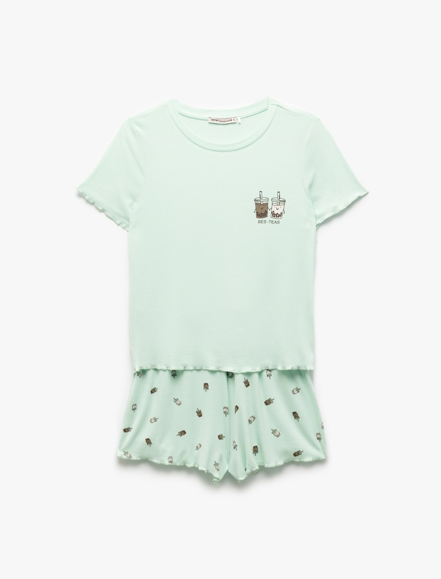 Kaşkorse Viskon Kumaş Kısa Kollu Baskılı Şortlu Pijama Takımı_3