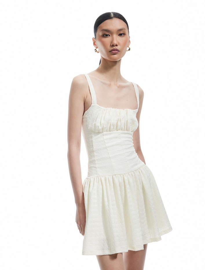  Bürümcük Kumaş Astarlı Drapeli Kare Yaka Kolsuz Askılı Mini Elbise