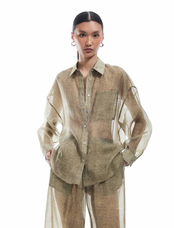  Koton X Sima Tarkan - Klasik Yaka Tek Cep Detaylı Uzun Kollu Transparan Gömlek