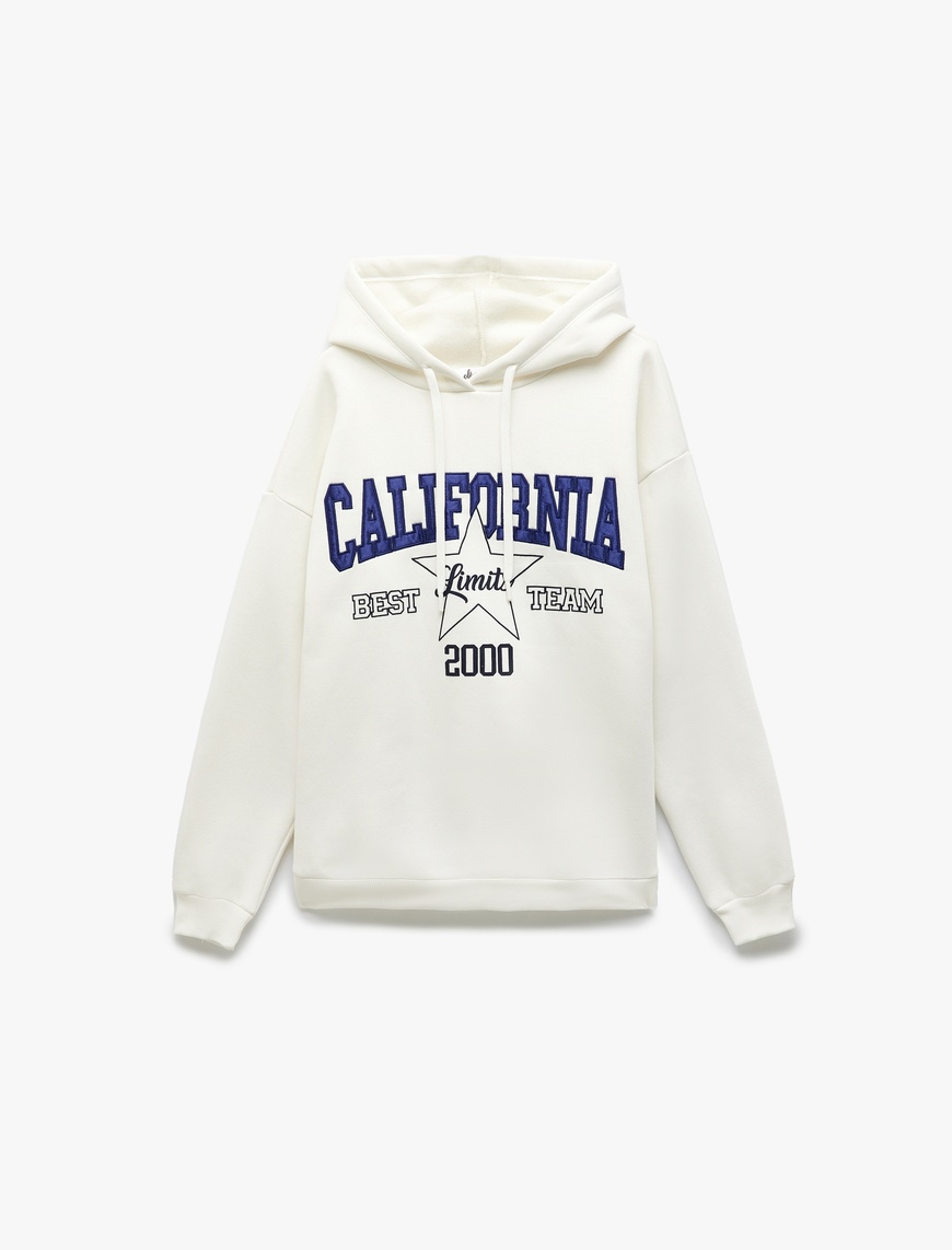   Üç İplik Şardonlu Kolej Nakış Detaylı Kapüşonlu Oversize Sweatshirt