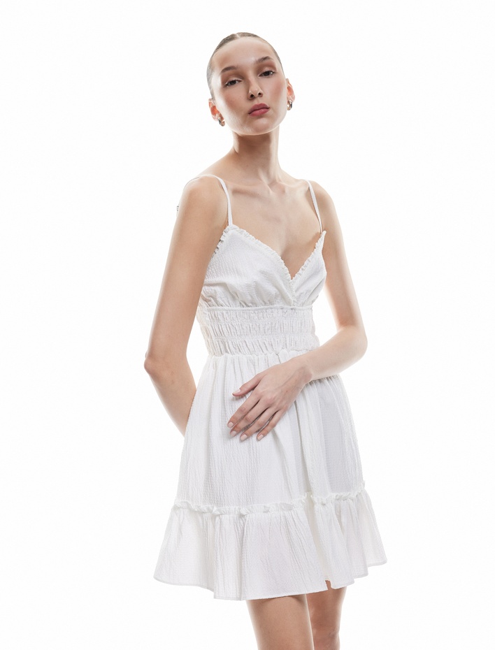 Gipeli V Yaka Katlı Fırfırlı İp Askılı Viskon Karışımlı Mini Elbise