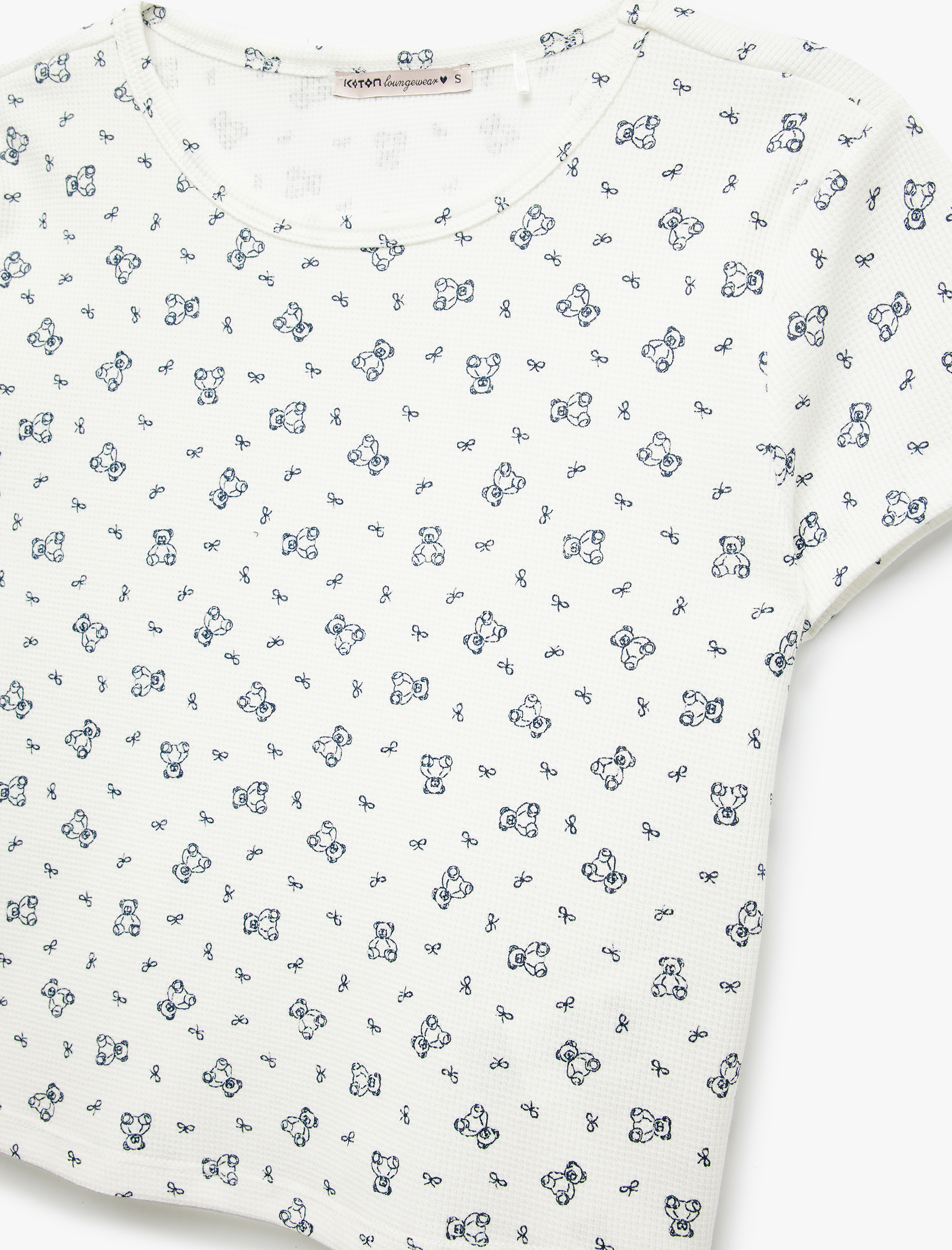   Pamuklu Ayıcık Baskılı Kısa Kollu Bisiklet Yaka Pijama Üstü