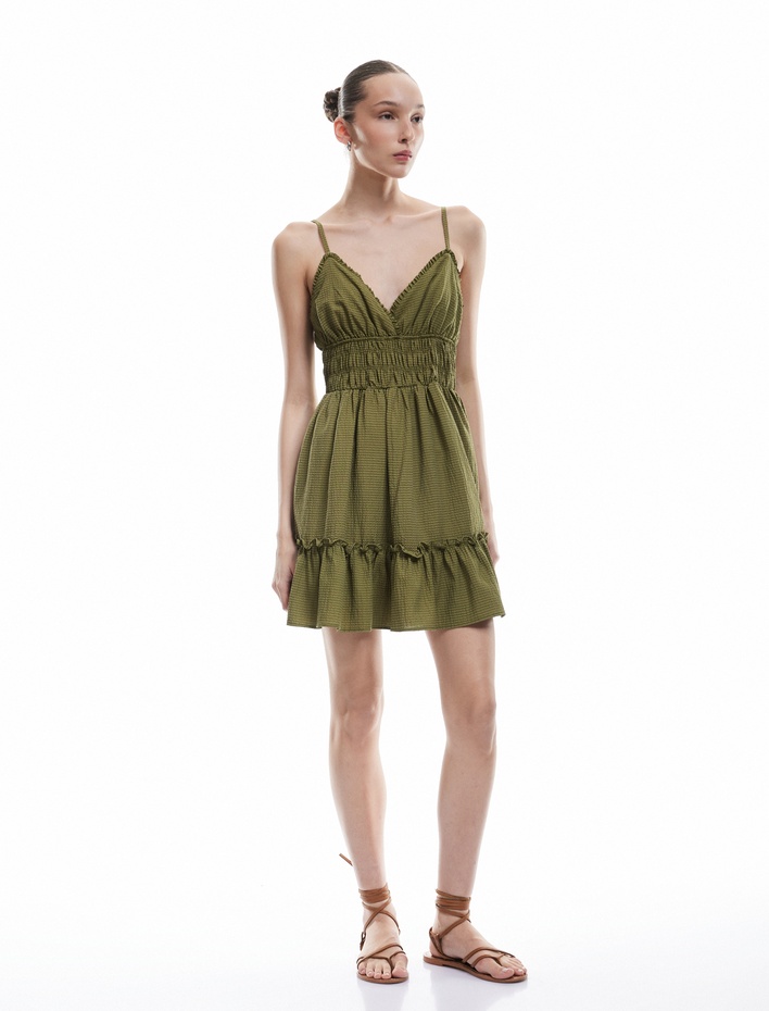  Gipeli V Yaka Katlı Fırfırlı İp Askılı Viskon Karışımlı Mini Elbise