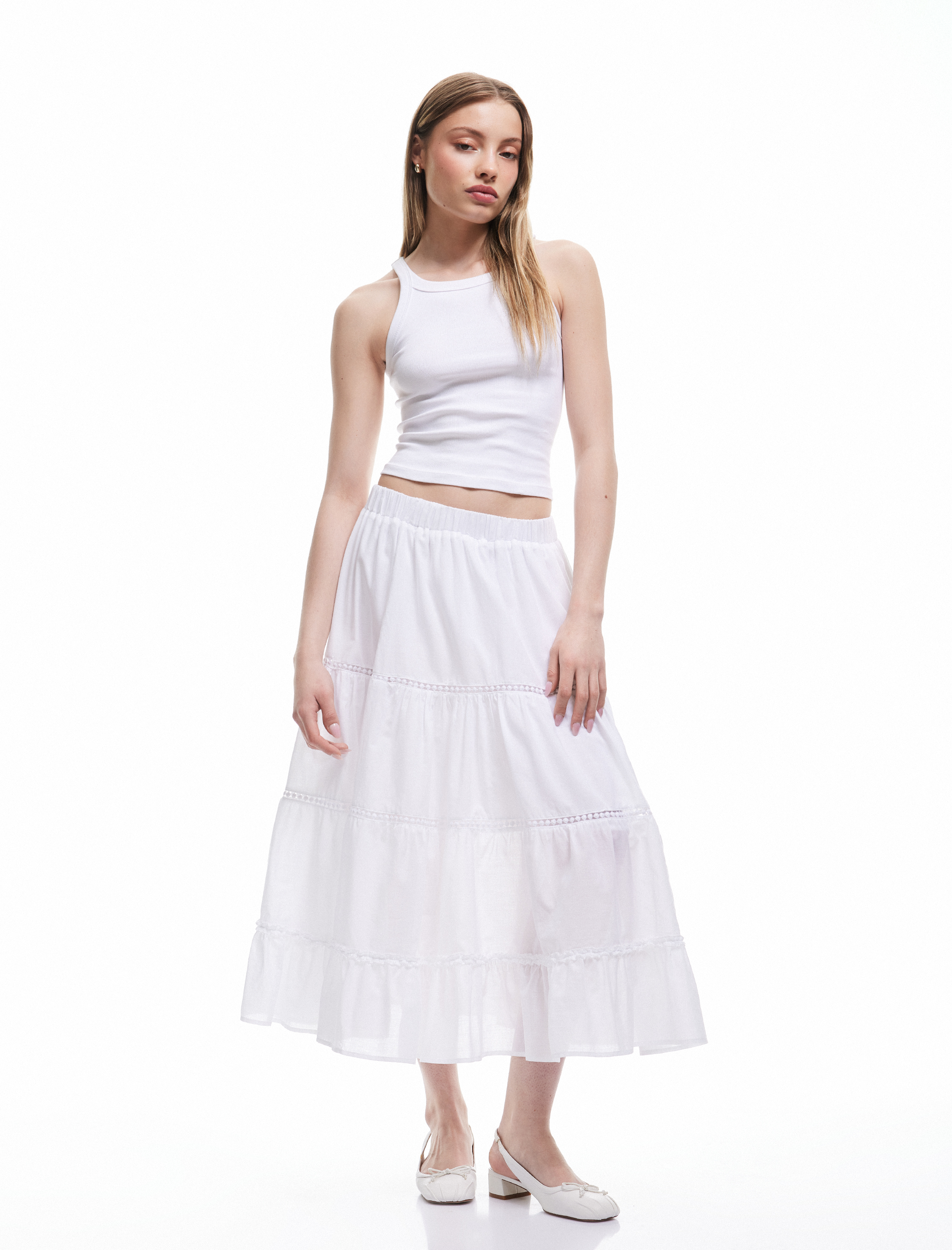   Katlı Rahat Kalıp Beli Lastikli A Kesim Midi Etek