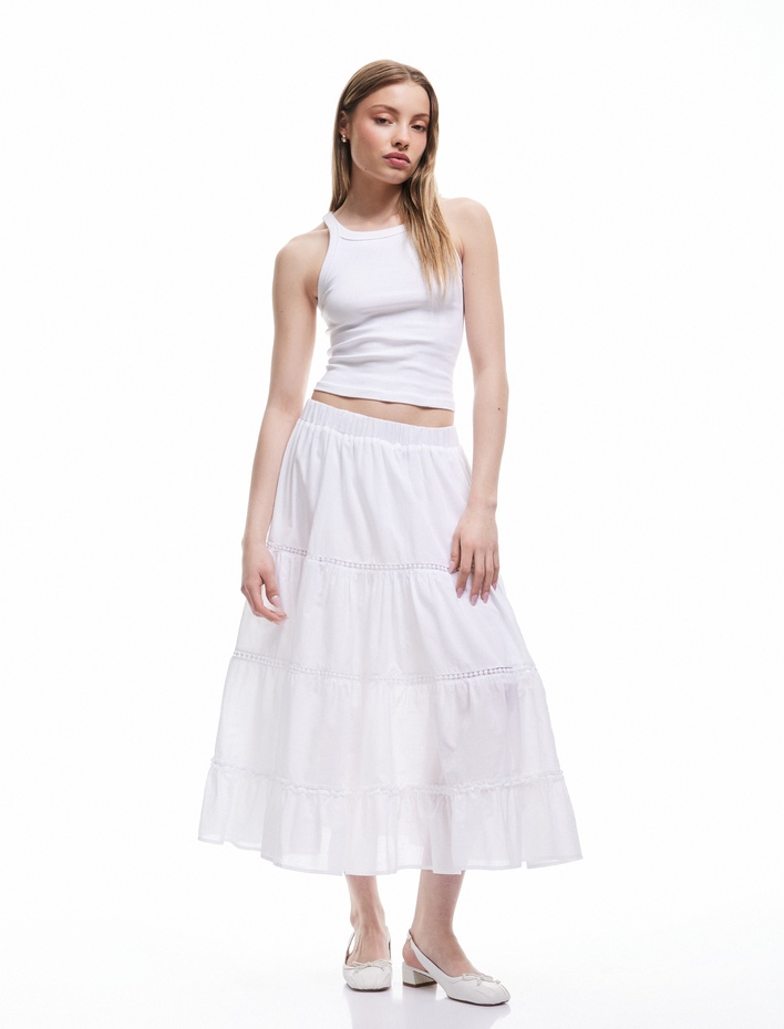  Katlı Rahat Kalıp Beli Lastikli A Kesim Midi Etek