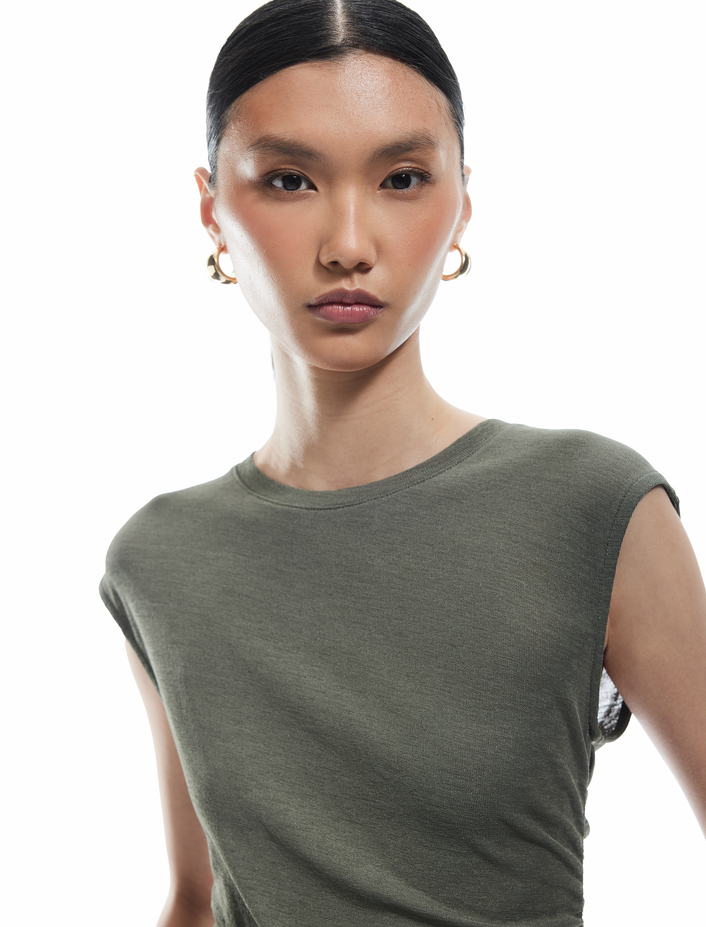   Slim Fit Drapeli Bisiklet Yaka Kolsuz Bluz