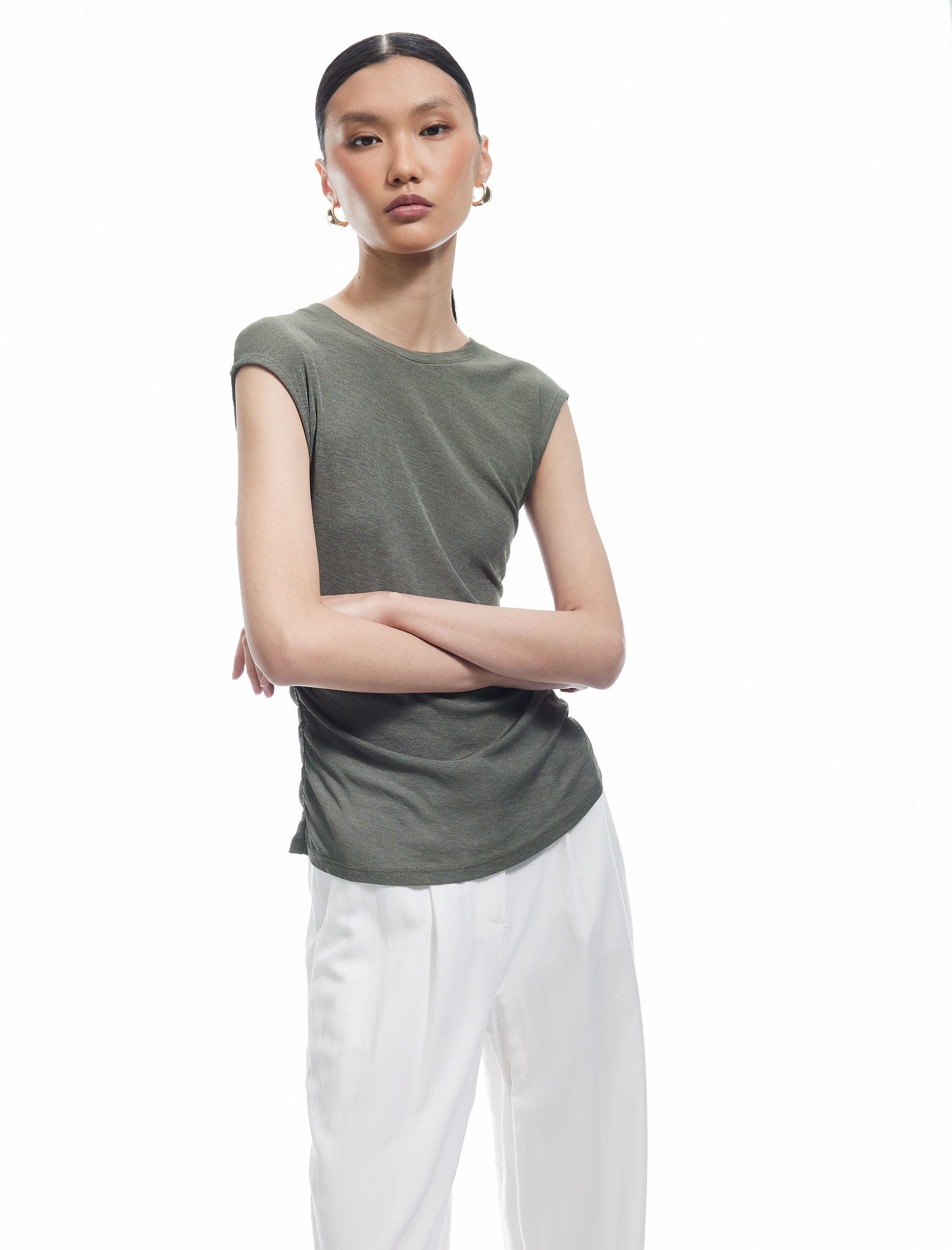   Slim Fit Drapeli Bisiklet Yaka Kolsuz Bluz