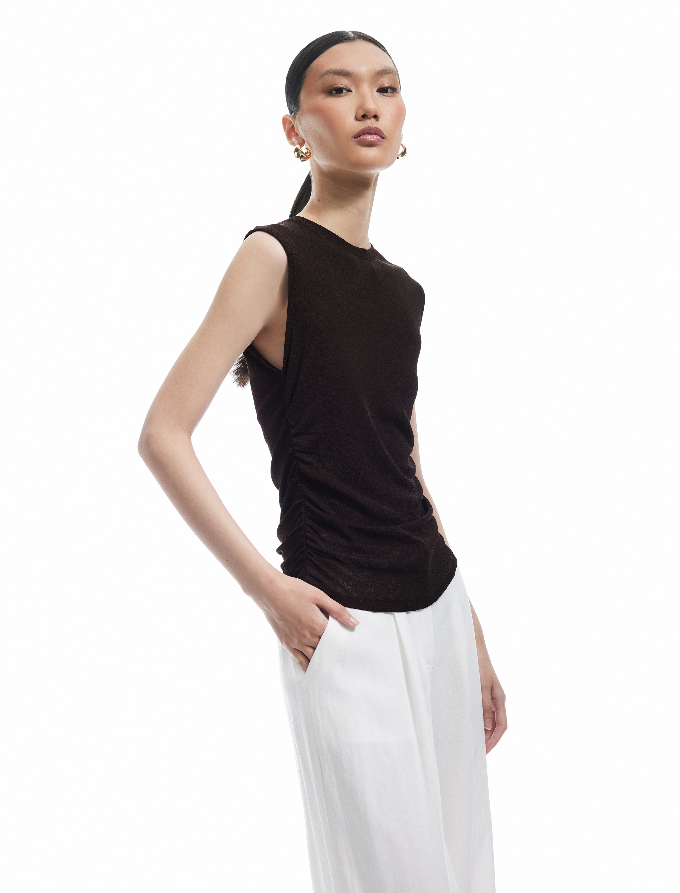   Slim Fit Drapeli Bisiklet Yaka Kolsuz Bluz