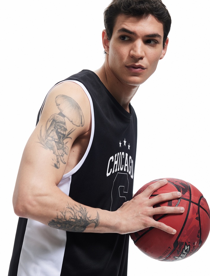  Baskılı Renk Kontrastlı Bisiklet Yaka Oversize Kolsuz Spor Basketbol Tişörtü