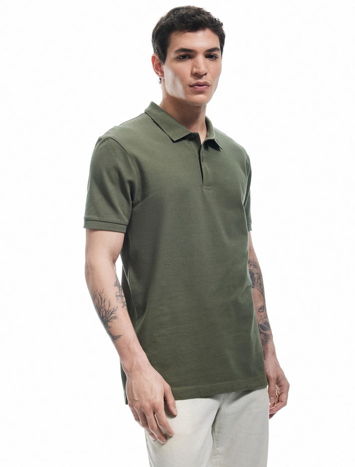  Kısa Kollu Pamuklu Pike Kumaş Polo Yaka Slim Fit Tişört