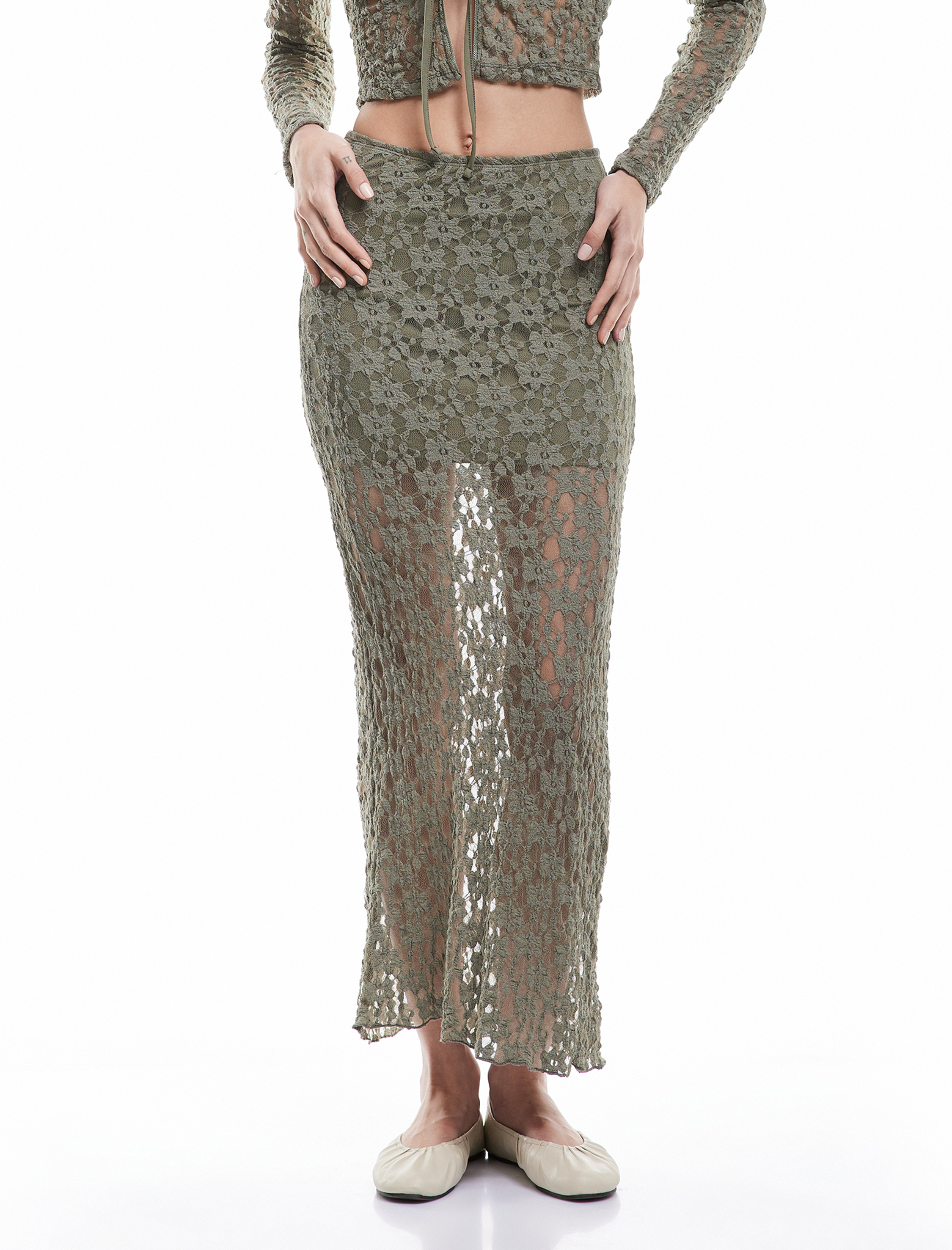   Yüksek Bel Dar Kesim Midi Dantelli Kalem Etek