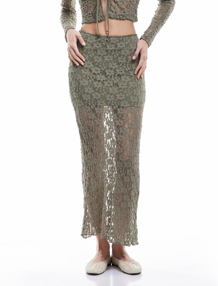  Yüksek Bel Dar Kesim Midi Dantelli Kalem Etek