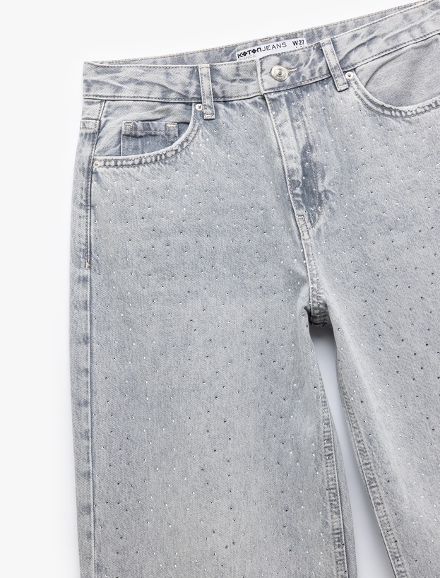 Geniş Paça Düğmeli Taş Detaylı Pamuklu Jean Pantolon - Wide Leg Jeans_7