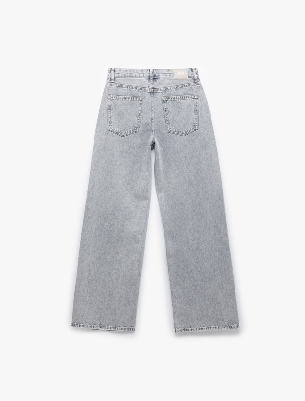 Geniş Paça Düğmeli Taş Detaylı Pamuklu Jean Pantolon - Wide Leg Jeans_6