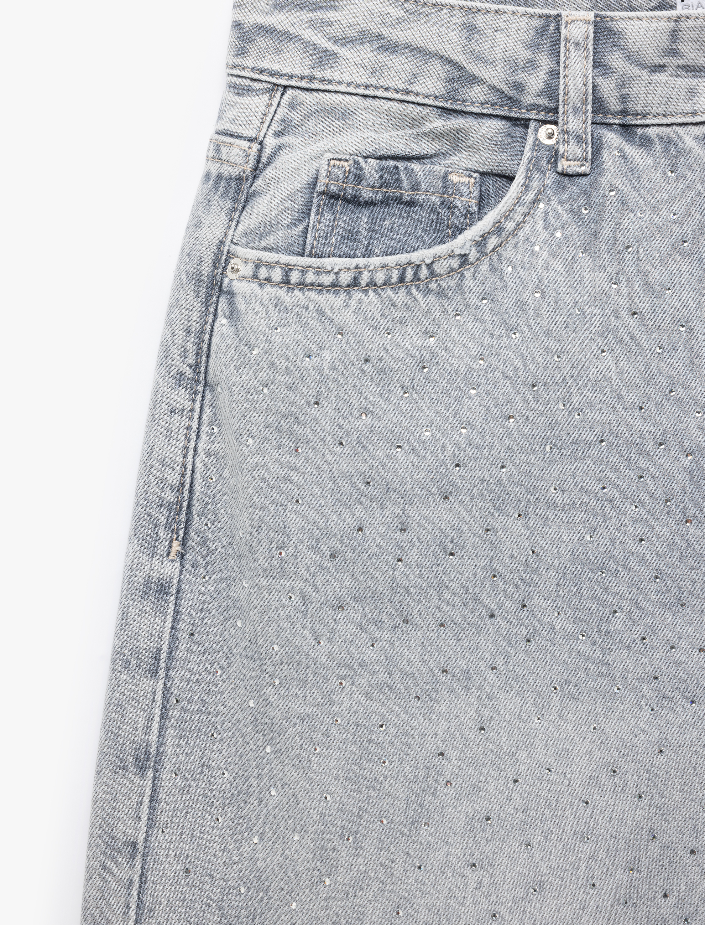   Geniş Paça Düğmeli Taş Detaylı Pamuklu Jean Pantolon - Wide Leg Jeans