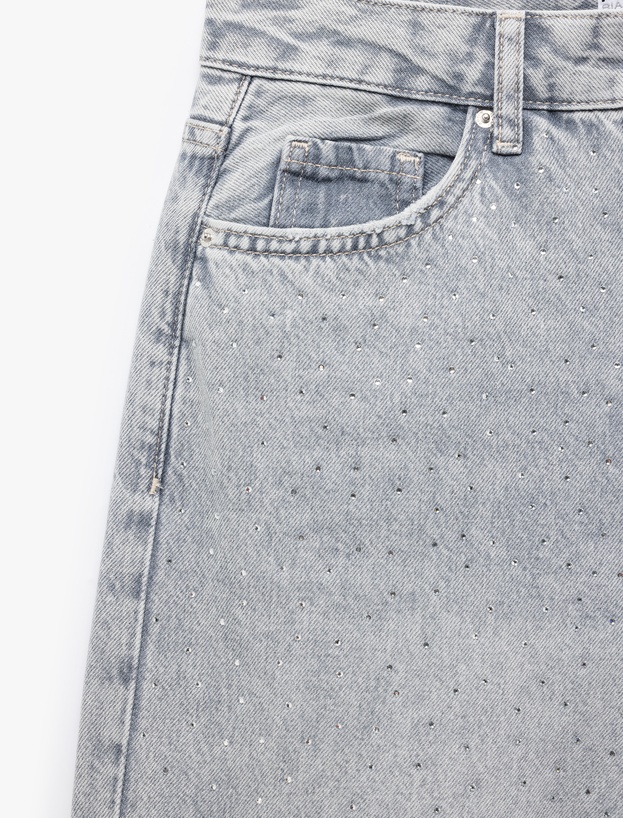 Geniş Paça Düğmeli Taş Detaylı Pamuklu Jean Pantolon - Wide Leg Jeans_4