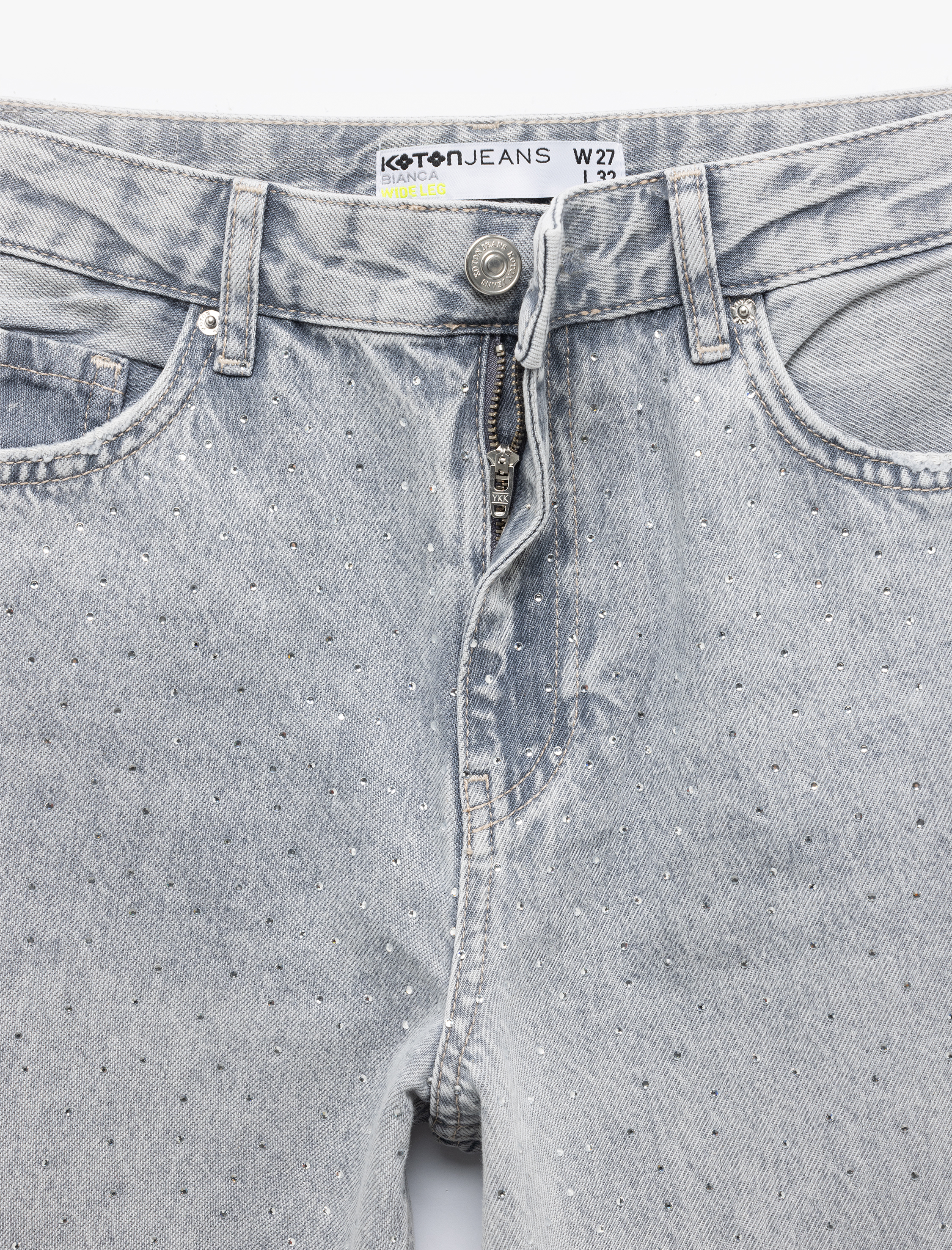   Geniş Paça Düğmeli Taş Detaylı Pamuklu Jean Pantolon - Wide Leg Jeans