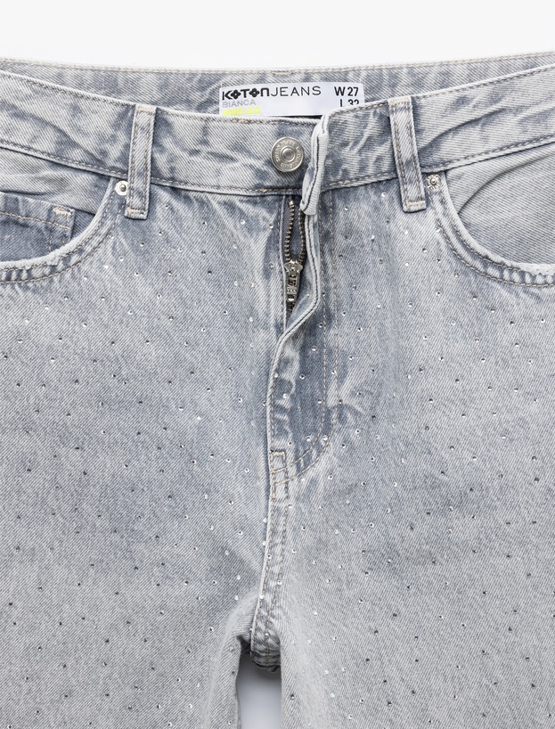 Geniş Paça Düğmeli Taş Detaylı Pamuklu Jean Pantolon - Wide Leg Jeans_5