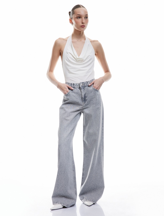 Geniş Paça Düğmeli Taş Detaylı Pamuklu Jean Pantolon - Wide Leg Jeans_0