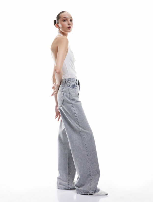Geniş Paça Düğmeli Taş Detaylı Pamuklu Jean Pantolon - Wide Leg Jeans_1