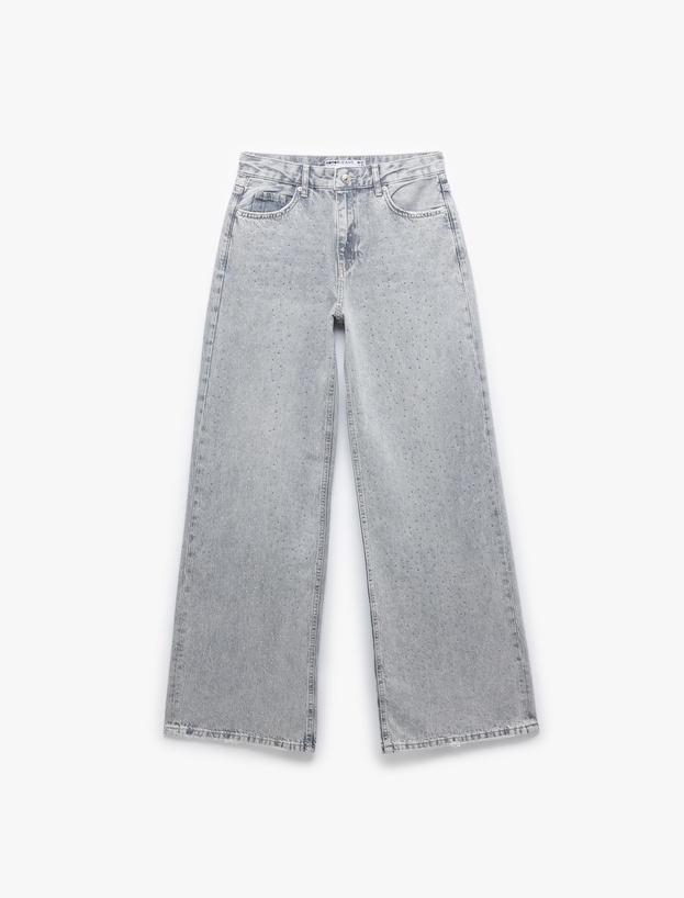 Geniş Paça Düğmeli Taş Detaylı Pamuklu Jean Pantolon - Wide Leg Jeans_3