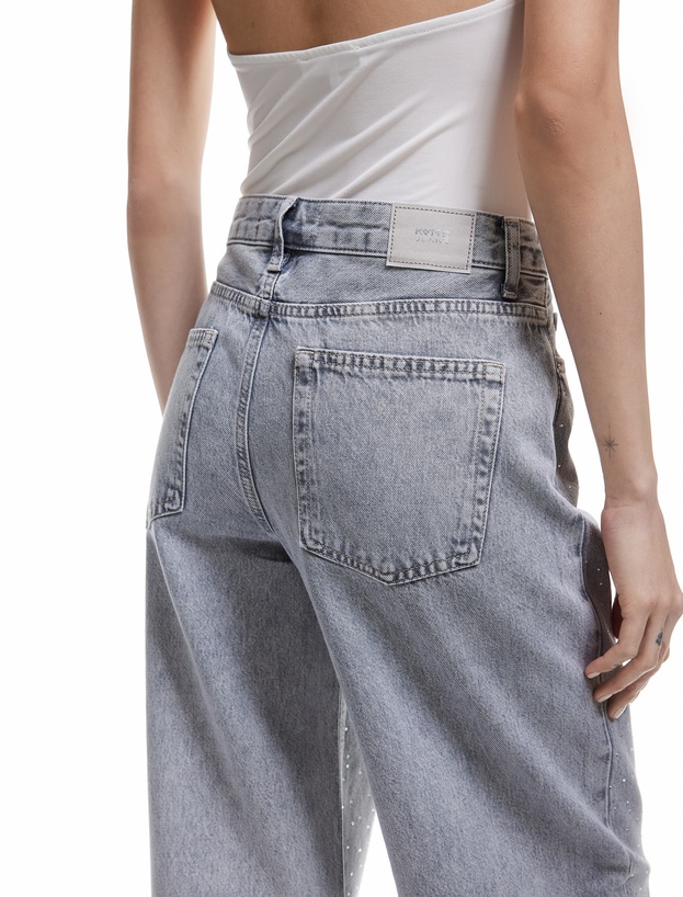 Geniş Paça Düğmeli Taş Detaylı Pamuklu Jean Pantolon - Wide Leg Jeans_2