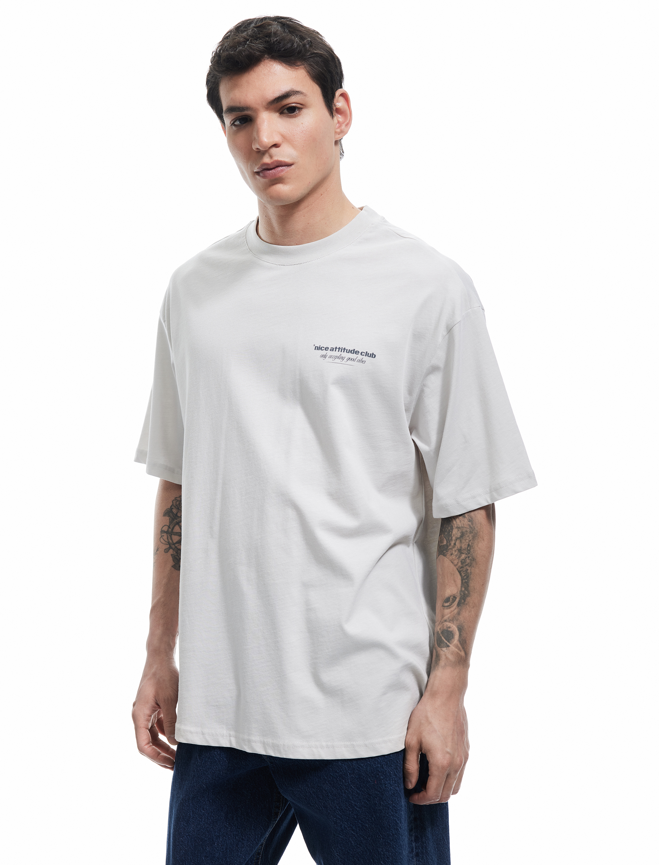   Arkası Baskılı Pamuklu Kısa Kollu Bisiklet Yaka Oversize Tişört