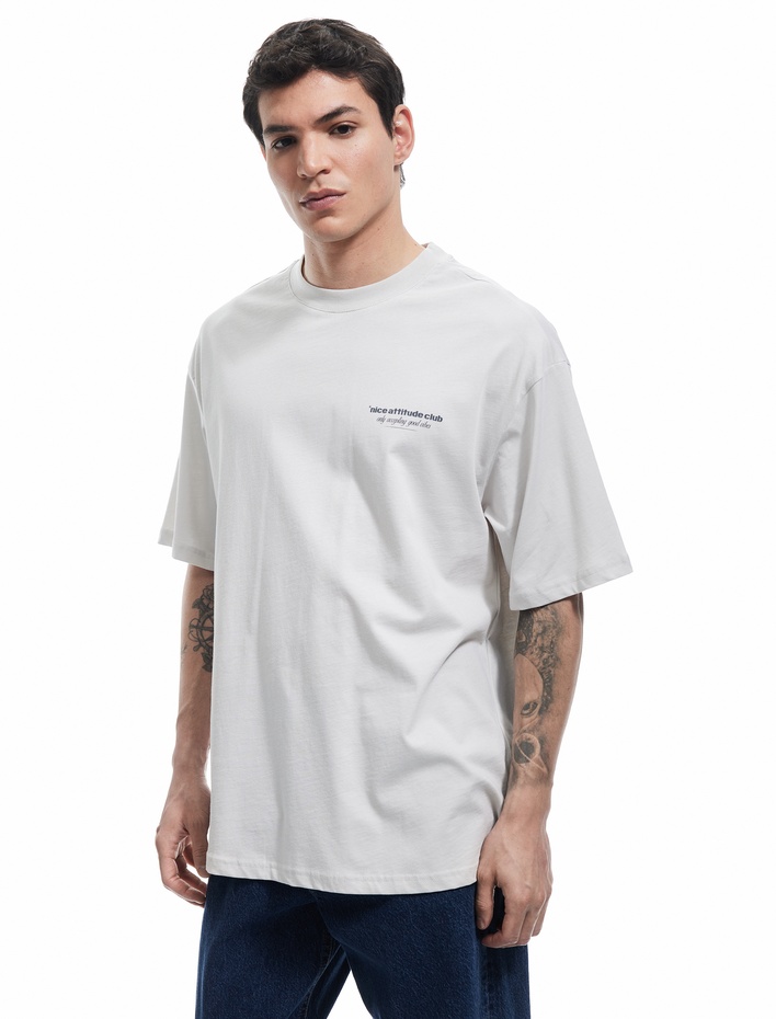  Arkası Baskılı Pamuklu Kısa Kollu Bisiklet Yaka Oversize Tişört