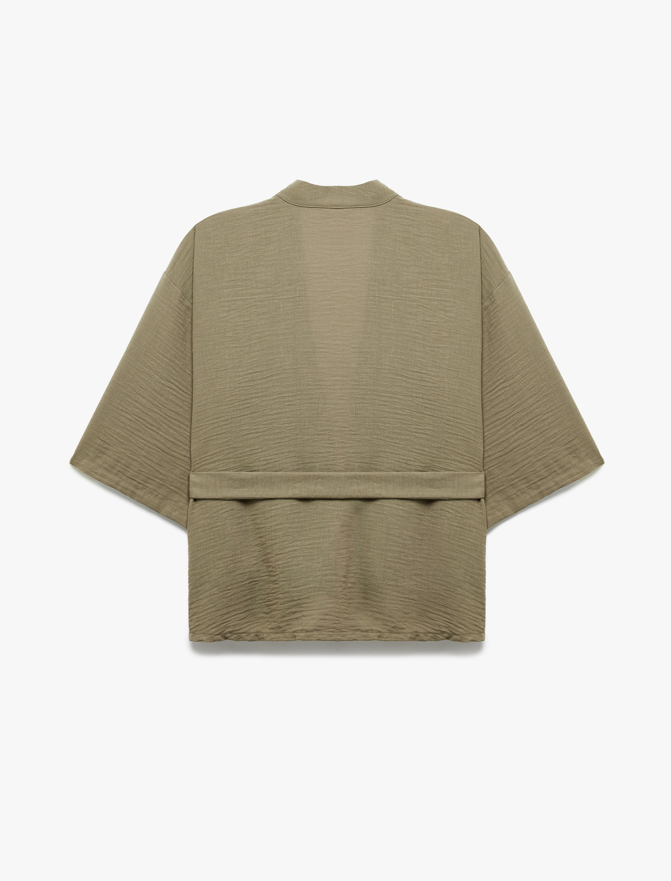   Kruvaze Beli Bağcıklı Kısa Geniş Kollu Kimono