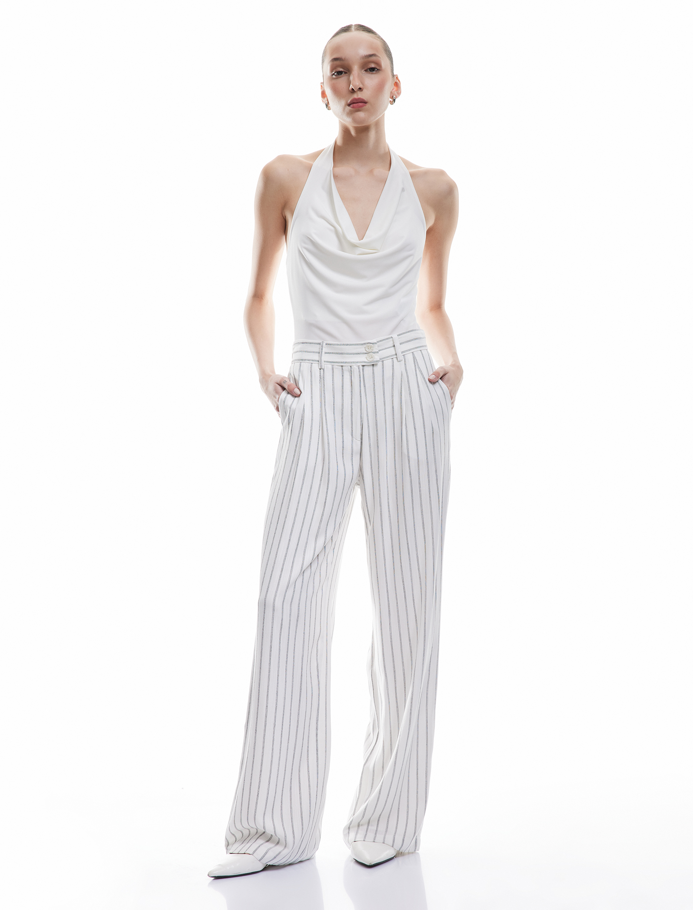   Düğmeli Pileli Rahat Kesim Çizgili Viskon Pantolon