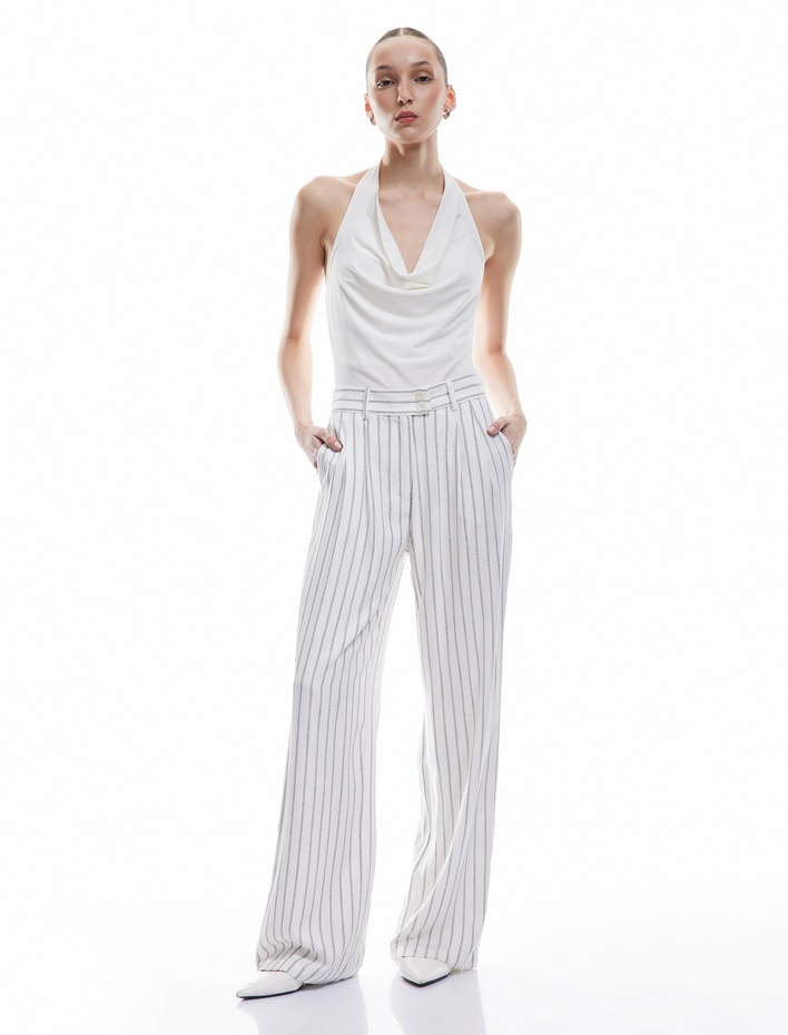  Düğmeli Pileli Rahat Kesim Çizgili Viskon Pantolon